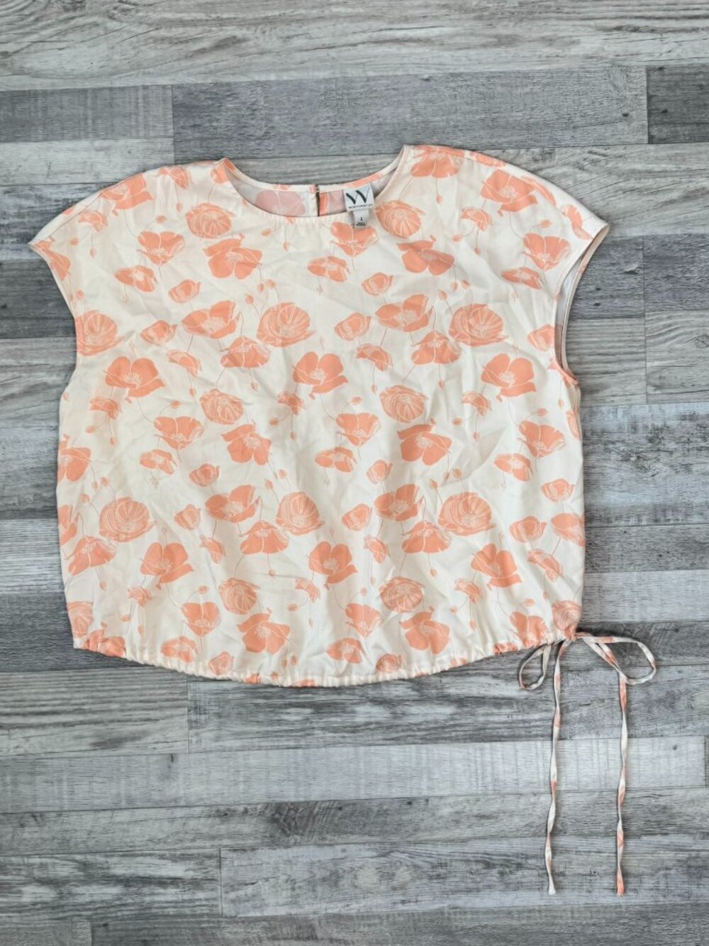 Worthington Ivory Pink Floral Cap Sleeve Blouse Size Large Defined Waist B37